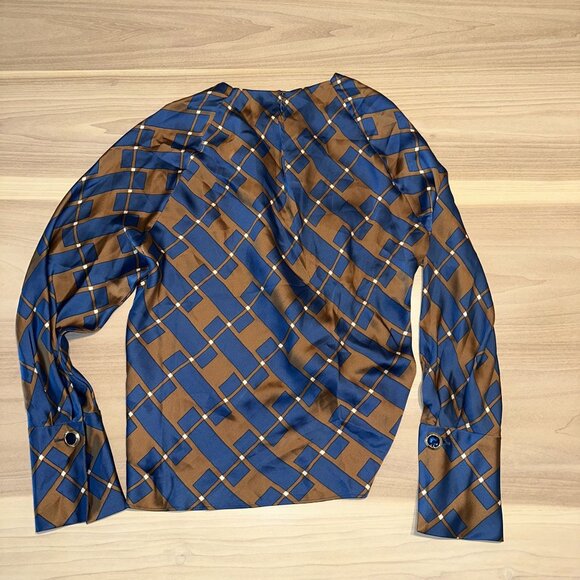 Zara Blue Brown Printed Long Sleeve Keyhole Back Blouse Women's Small S - Picture 8 of 8